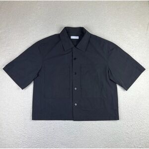 AMOMENTO Shirt Mens Medium Black Boxy Short Sleeve Button Up Patch Pockets